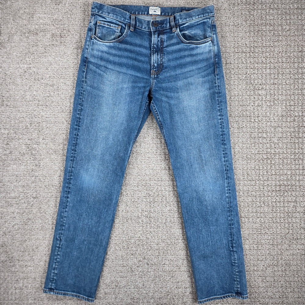 Faherty Mens 33x30 Special Weave Slim Straight Organic Cotton Jeans Medium Wash